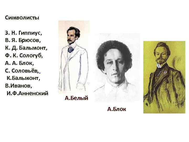 Символисты З. Н. Гиппиус, В. Я. Брюсов, К. Д. Бальмонт, Ф. К. Сологуб, А.