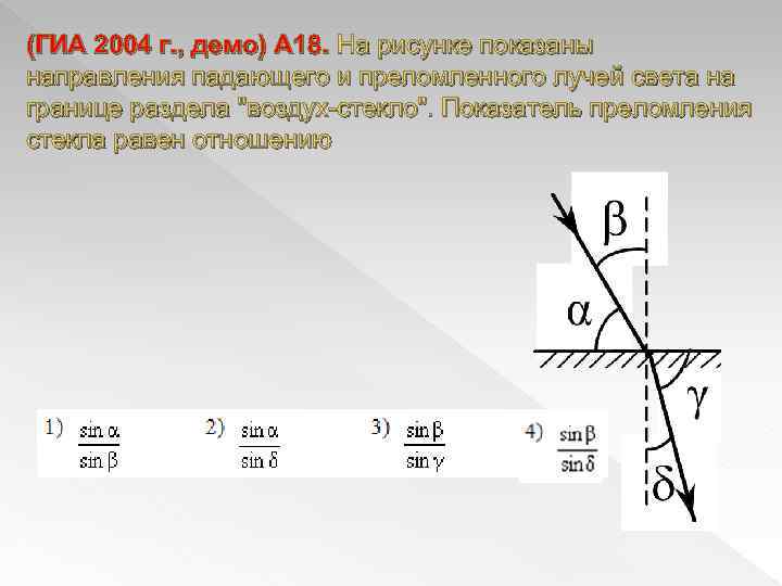 (ГИА 2004 г. , демо) А 18. На рисунке показаны направления падающего и преломленного