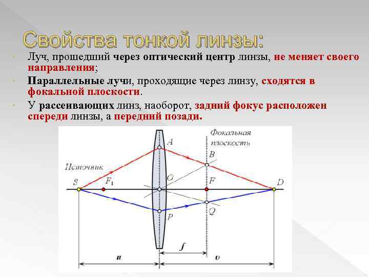  • • • Свойства тонкой линзы: Луч, прошедший через оптический центр линзы, не