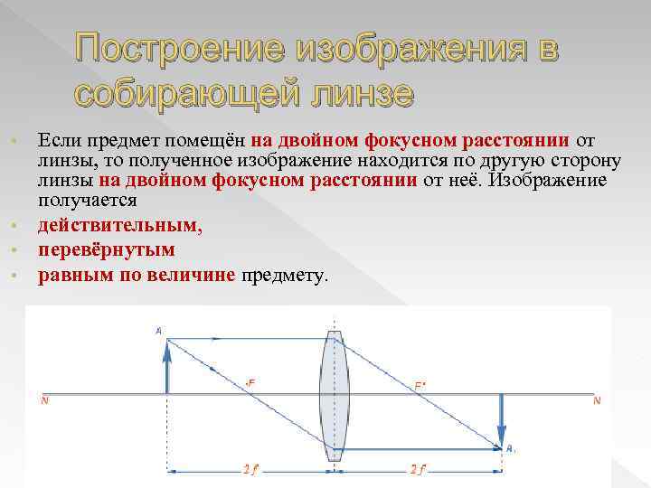 Построение изображения в собирающей линзе • • Если предмет помещён на двойном фокусном расстоянии