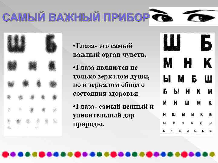 САМЫЙ ВАЖНЫЙ ПРИБОР • Глаза- это самый важный орган чувств. • Глаза являются не