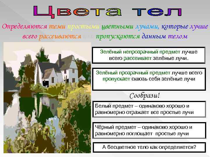 Определяются теми простыми цветными лучами, которые лучше всего рассеиваются или пропускаются данным телом Зелёный