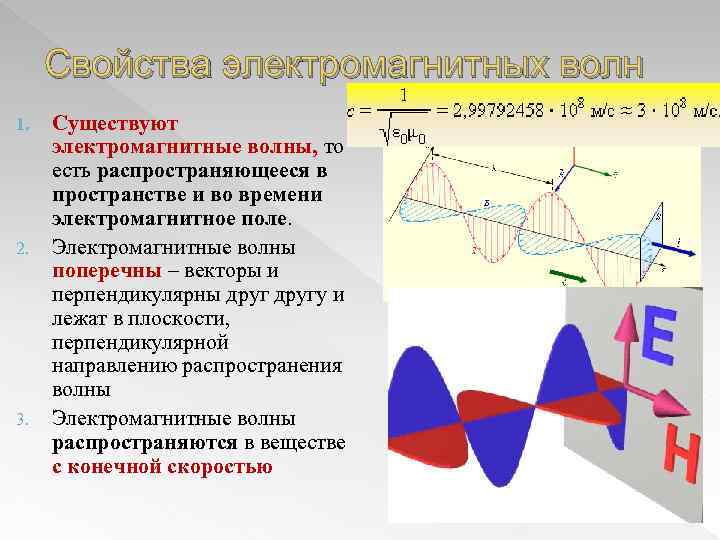 Свойства электромагнитных волн 1. 2. 3. Существуют электромагнитные волны, то есть распространяющееся в пространстве