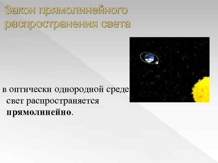 Закон прямолинейного распространения света в оптически однородной среде свет распространяется прямолинейно. 