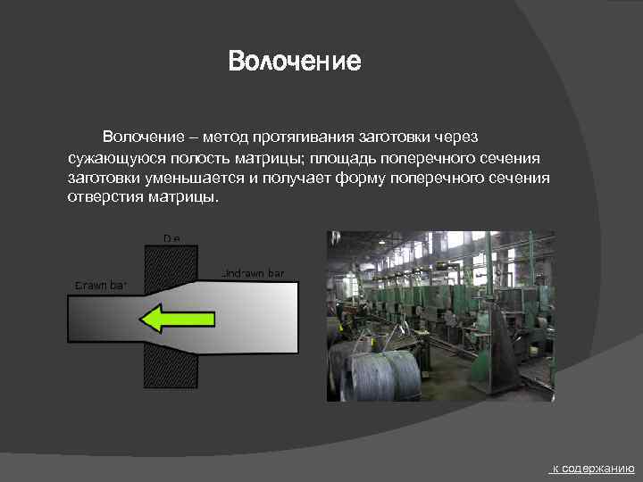 Волочение – метод протягивания заготовки через сужающуюся полость матрицы; площадь поперечного сечения заготовки уменьшается