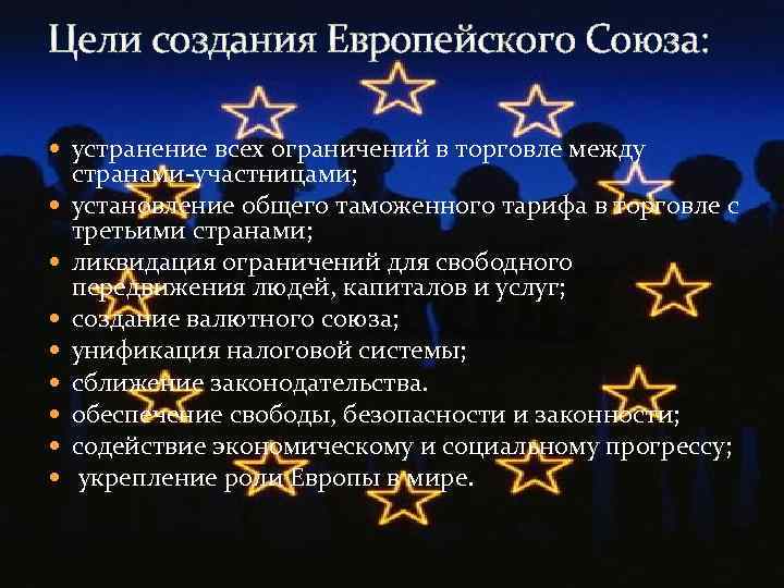 Цели создания Европейского Союза: устранение всех ограничений в торговле между странами-участницами; установление общего таможенного