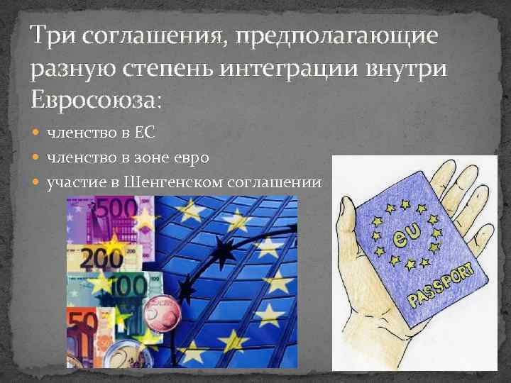 Три соглашения, предполагающие разную степень интеграции внутри Евросоюза: членство в ЕС членство в зоне