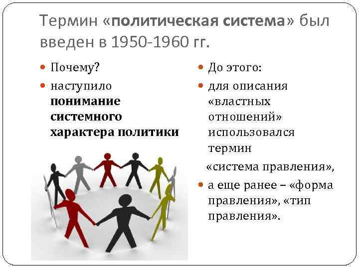 Термин «политическая система» был введен в 1950 -1960 гг. Почему? До этого: наступило для