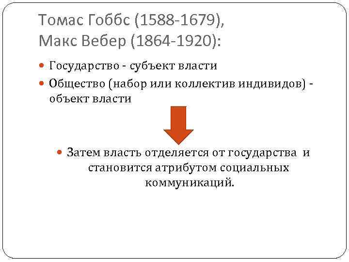 Томас Гоббс (1588 -1679), Макс Вебер (1864 -1920): Государство - субъект власти Общество (набор