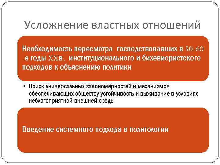 Усложнение властных отношений Необходимость пересмотра господствовавших в 50 -60 -е годы XXв. институционального и