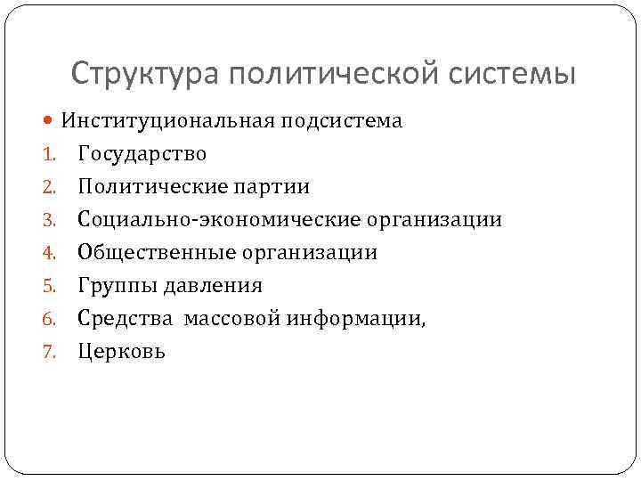 Структура политической системы Институциональная подсистема 1. 2. 3. 4. 5. 6. 7. Государство Политические