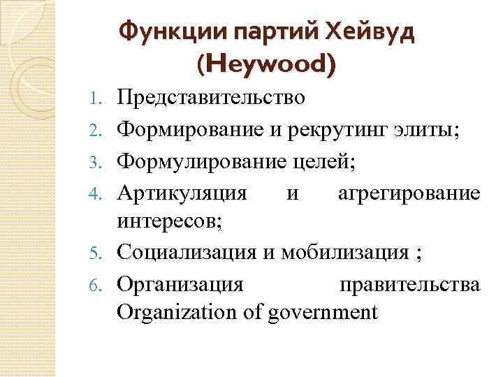 Функции партий Хейвуд (Heywood) 1. 2. 3. 4. 5. 6. Представительство Формирование и рекрутинг