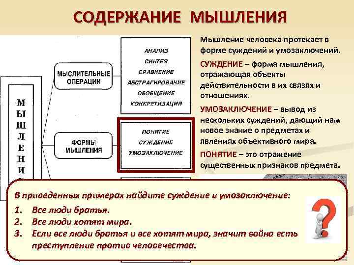 СОДЕРЖАНИЕ МЫШЛЕНИЯ Мышление человека протекает в форме суждений и умозаключений. СУЖДЕНИЕ – форма мышления,