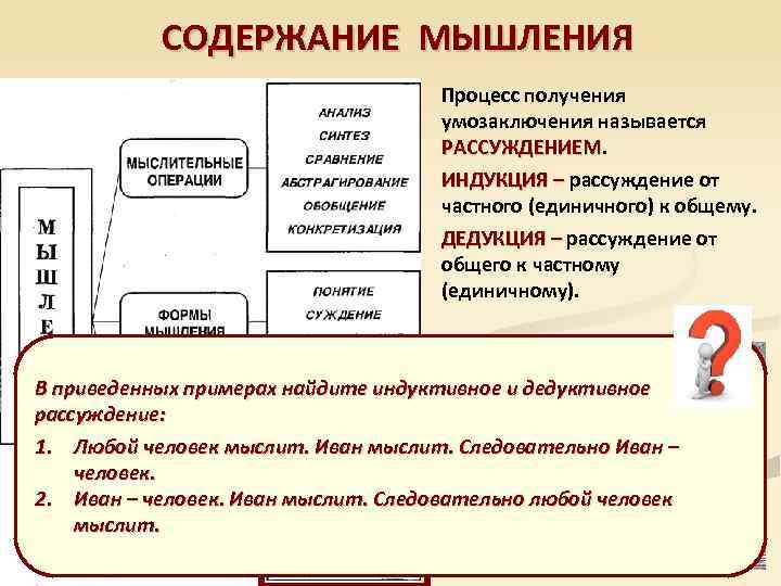 СОДЕРЖАНИЕ МЫШЛЕНИЯ Процесс получения умозаключения называется РАССУЖДЕНИЕМ ИНДУКЦИЯ – рассуждение от ИНДУКЦИЯ – частного