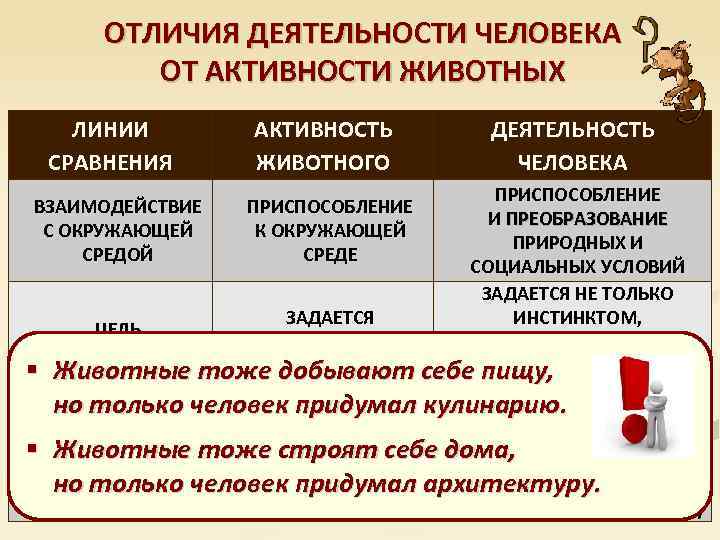 ОТЛИЧИЯ ДЕЯТЕЛЬНОСТИ ЧЕЛОВЕКА ОТ АКТИВНОСТИ ЖИВОТНЫХ ЛИНИИ СРАВНЕНИЯ § ДЕЯТЕЛЬНОСТЬ ЧЕЛОВЕКА ПРИСПОСОБЛЕНИЕ И ПРЕОБРАЗОВАНИЕ