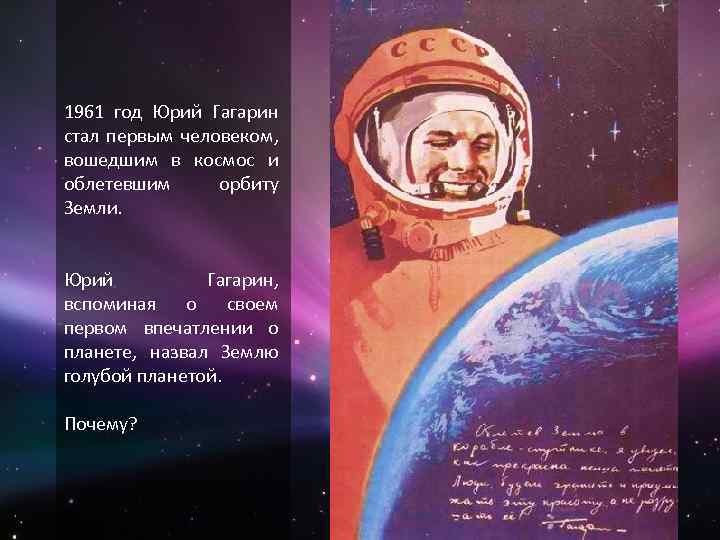 1961 год Юрий Гагарин стал первым человеком, вошедшим в космос и облетевшим орбиту Земли.