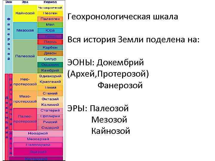 Геохронологическая шкала Вся история Земли поделена на: ЭОНЫ: Докембрий (Архей, Протерозой) Фанерозой ЭРЫ: Палеозой