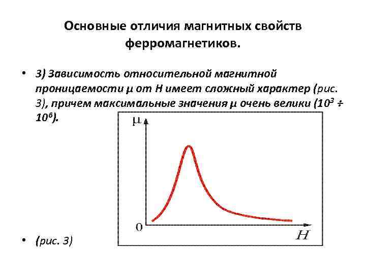 Основные отличия магнитных свойств ферромагнетиков. • 3) Зависимость относительной магнитной проницаемости μ от Н