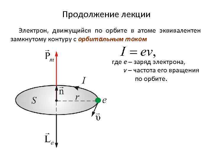 Продолжение лекции Электрон, движущийся по орбите в атоме эквивалентен замкнутому контуру с орбитальным током