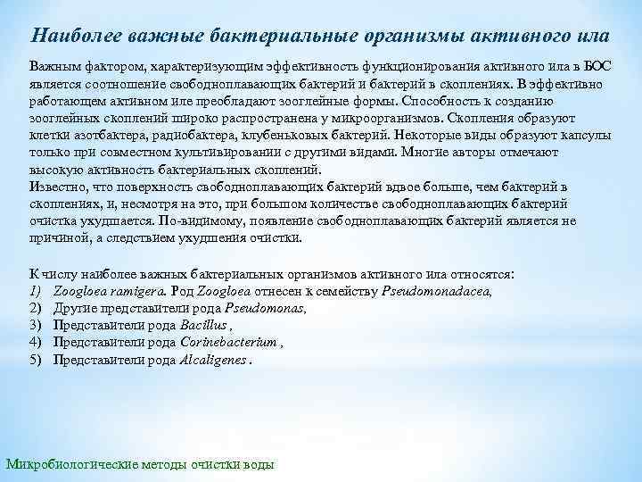 Наиболее важные бактериальные организмы активного ила Важным фактором, характеризующим эффективность функционирования активного ила в