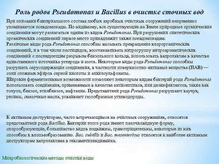 Роль родов Pseudomonas и Bacillus в очистке сточных вод При описании бактериального состава любых