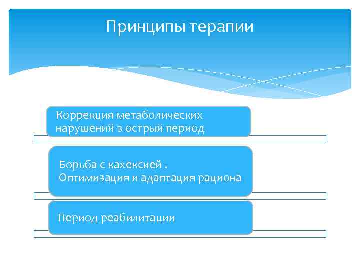 Принципы терапии Коррекция метаболических нарушений в острый период Борьба с кахексией. Оптимизация и адаптация