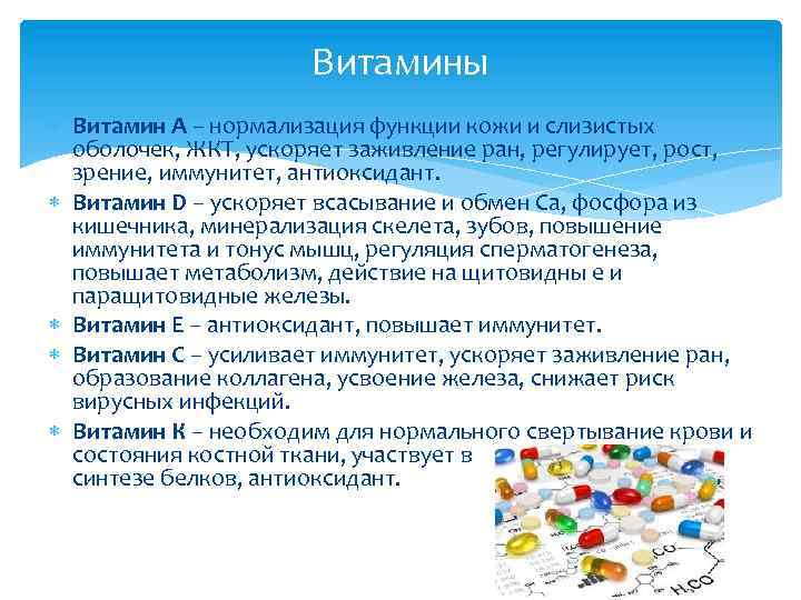 Витамины Витамин А – нормализация функции кожи и слизистых оболочек, ЖКТ, ускоряет заживление ран,