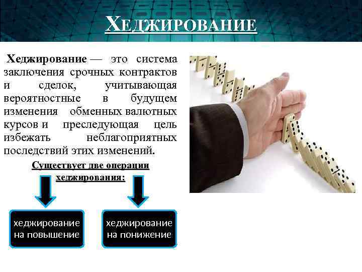 ХЕДЖИРОВАНИЕ Хеджирование — это система заключения срочных контрактов и сделок, учитывающая вероятностные в будущем