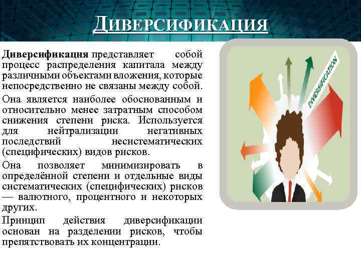 ДИВЕРСИФИКАЦИЯ Диверсификация представляет собой процесс распределения капитала между различными объектами вложения, которые непосредственно не