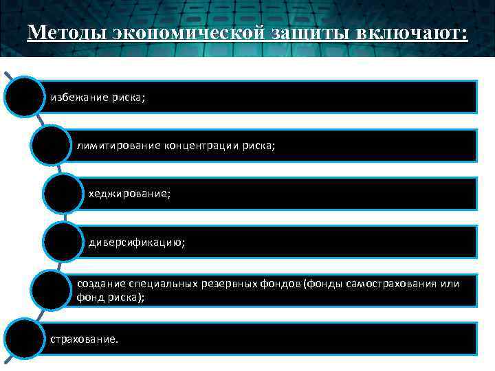 Методы экономической защиты включают: избежание риска; лимитирование концентрации риска; хеджирование; диверсификацию; создание специальных резервных