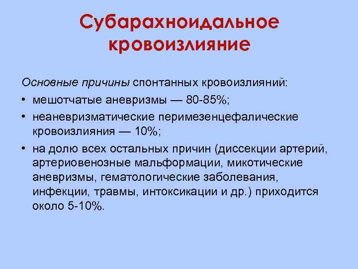 Субарахноидальное кровоизлияние Основные причины спонтанных кровоизлияний: • мешотчатые аневризмы — 80 85%; • неаневризматические