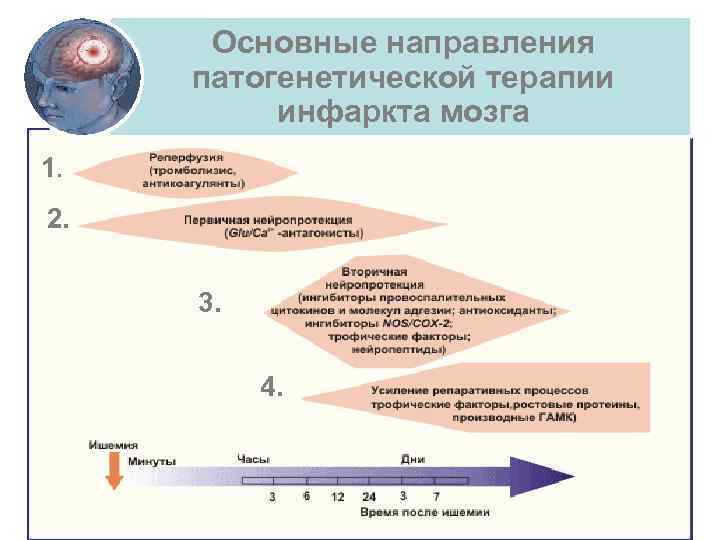 Основные направления патогенетической терапии инфаркта мозга 1. 2. 3. 4. 