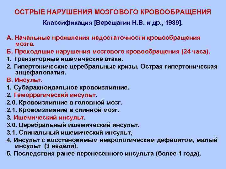 ОСТРЫЕ НАРУШЕНИЯ МОЗГОВОГО КРОВООБРАЩЕНИЯ Классификация [Верещагин Н. В. и др. , 1989]. А. Начальные