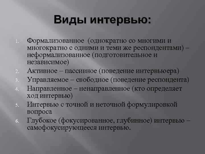Виды интервью: 1. 2. 3. 4. 5. 6. Формализованное (однократно со многими и многократно