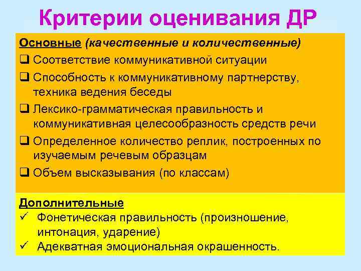 Критерии оценивания ДР Основные (качественные и количественные) q Соответствие коммуникативной ситуации q Способность к