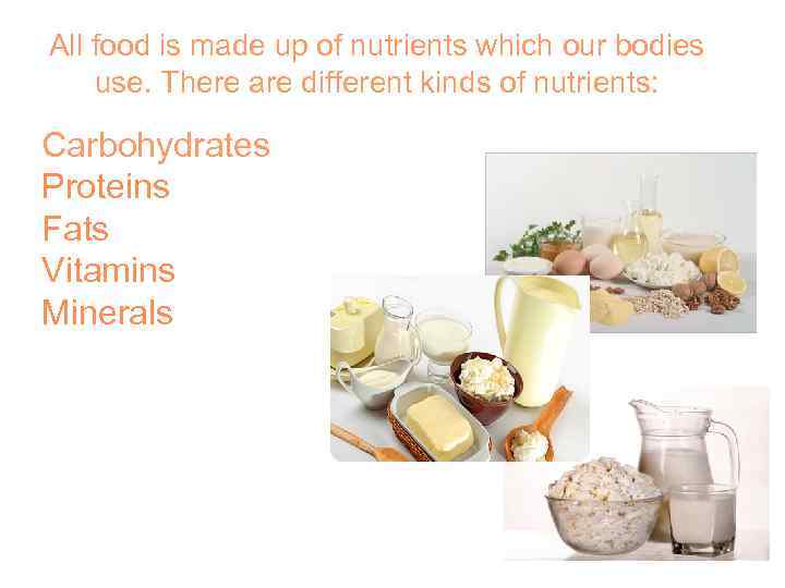 All food is made up of nutrients which our bodies use. There are different