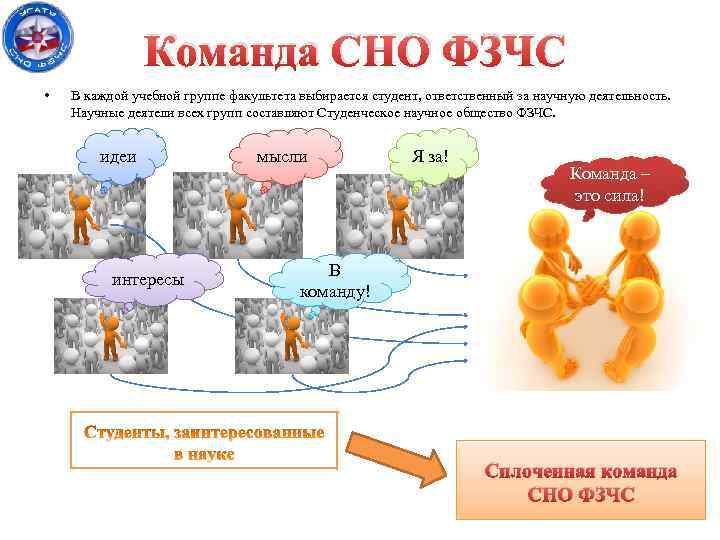 Команда СНО ФЗЧС • В каждой учебной группе факультета выбирается студент, ответственный за научную