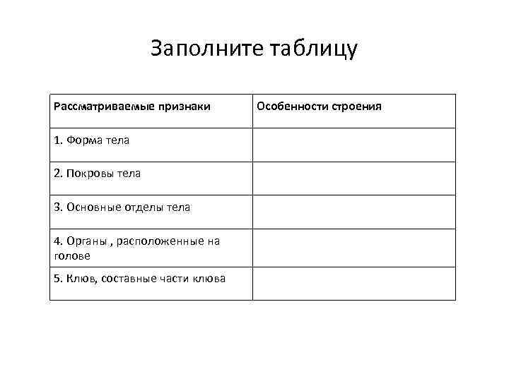 Заполните таблицу Рассматриваемые признаки Особенности строения 1. Форма тела 2. Покровы тела 3. Основные