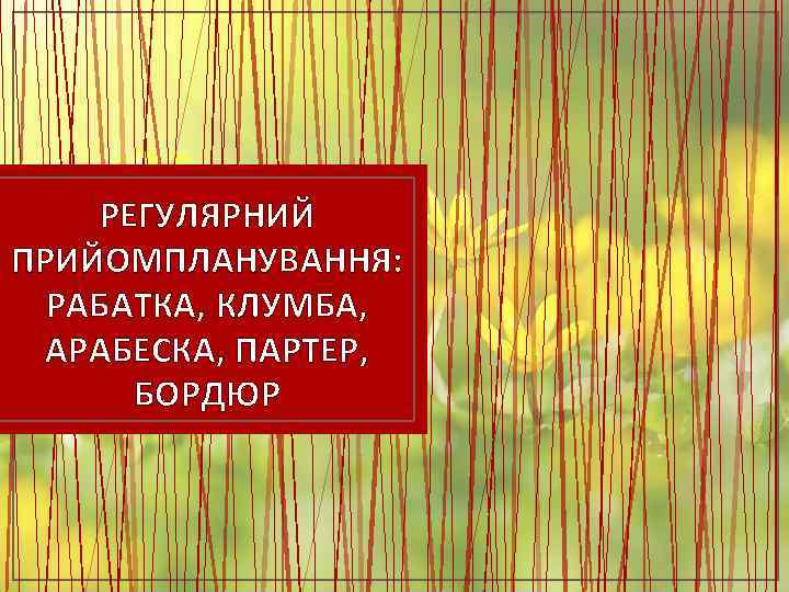 РЕГУЛЯРНИЙ ПРИЙОМПЛАНУВАННЯ: РАБАТКА, КЛУМБА, АРАБЕСКА, ПАРТЕР, БОРДЮР 