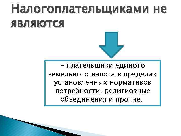 Налогоплательщиками не являются - плательщики единого земельного налога в пределах установленных нормативов потребности, религиозные