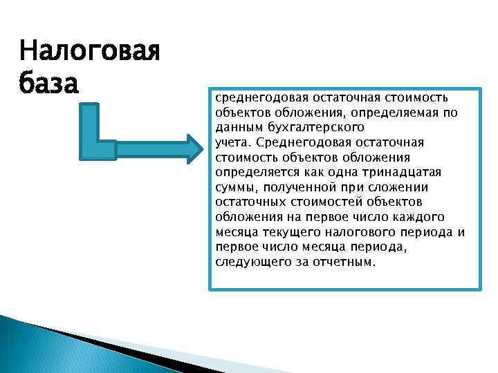 Налоговая база среднегодовая остаточная стоимость объектов обложения, определяемая по данным бухгалтерского учета. Среднегодовая остаточная