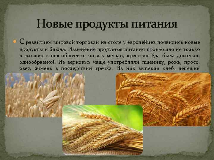 Новые продукты питания С развитием мировой торговли на столе у европейцев появились новые продукты