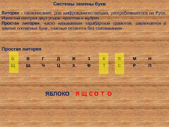 Системы замены букв Литорея - тайнописание, род шифрованного письма, употреблявшегося на Руси. Известна литорея