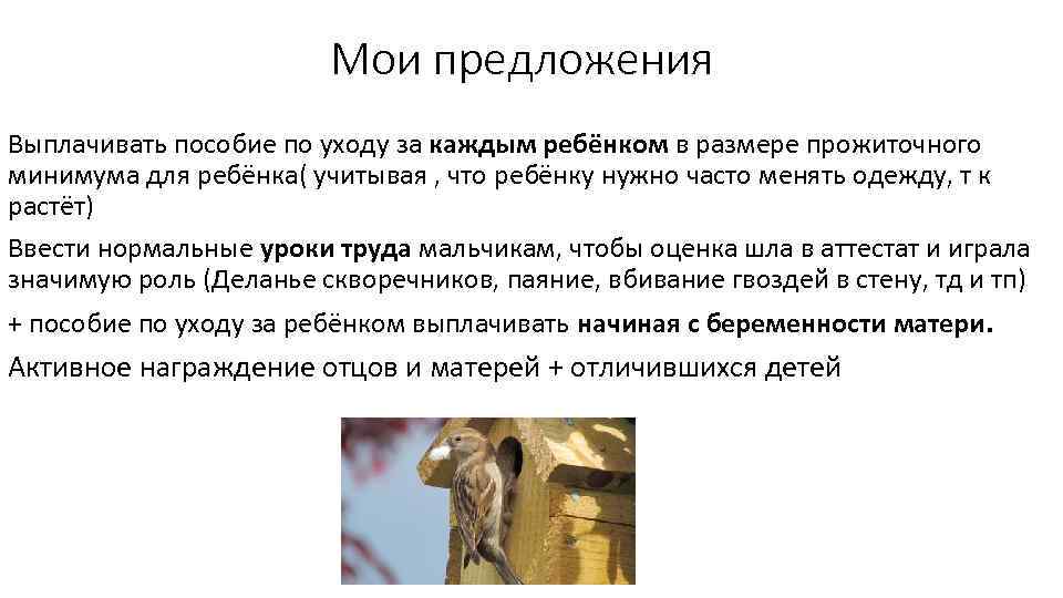 Мои предложения Выплачивать пособие по уходу за каждым ребёнком в размере прожиточного минимума для