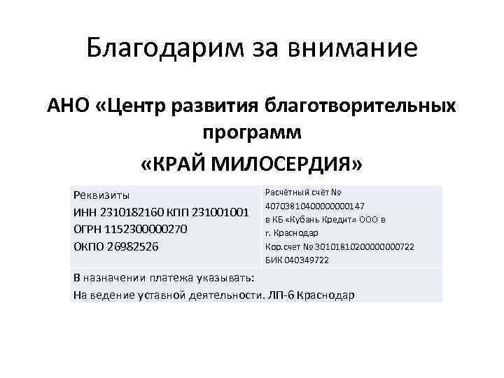 Благодарим за внимание АНО «Центр развития благотворительных программ «КРАЙ МИЛОСЕРДИЯ» Реквизиты ИНН 2310182160 КПП