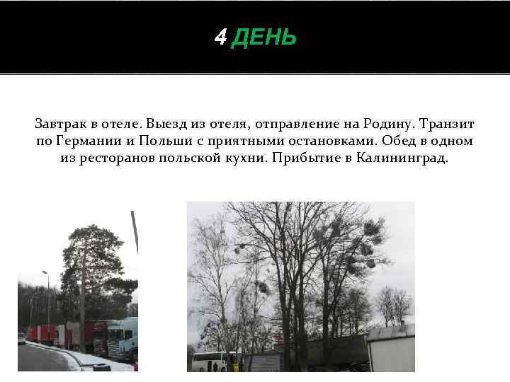 4 ДЕНЬ Завтрак в отеле. Выезд из отеля, отправление на Родину. Транзит по Германии