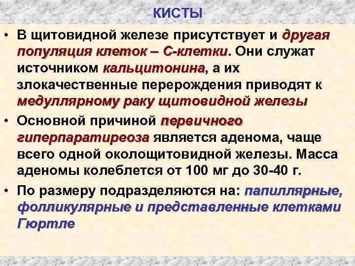 КИСТЫ • В щитовидной железе присутствует и другая популяция клеток – С-клетки. Они служат