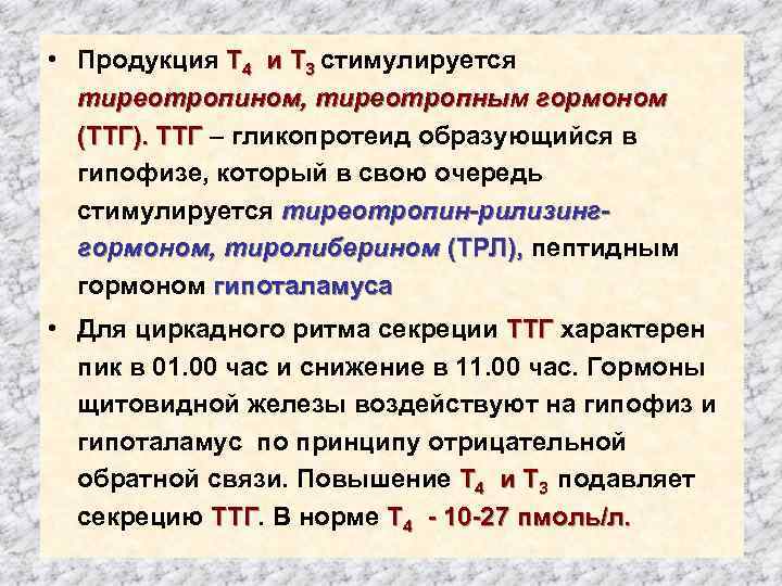  • Продукция Т 4 и Т 3 стимулируется тиреотропином, тиреотропным гормоном (ТТГ). ТТГ