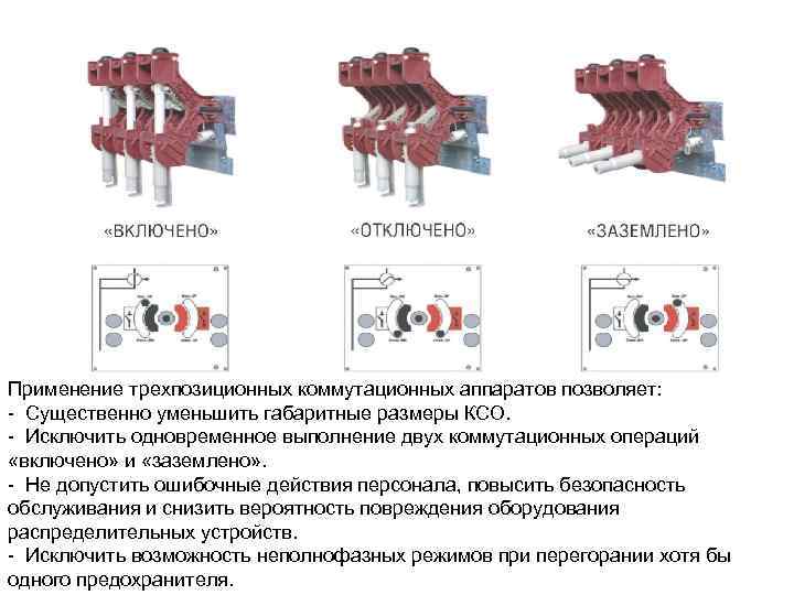 Применение трехпозиционных коммутационных аппаратов позволяет: - Существенно уменьшить габаритные размеры КСО. - Исключить одновременное