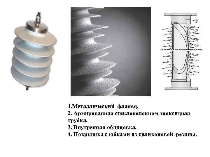1. Металлический фланец. 2. Армированная стекловолокном эпоксидная трубка. 3. Внутренняя облицовка. 4. Покрышка с